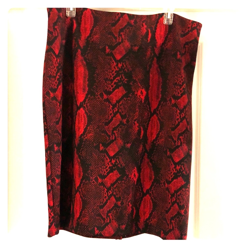 Red snake print midi pencil skirt